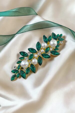 Amaryllis Saç Aksesuarı – Zümrüt Yeşil Kristal Taşlı İnci Detaylı Saç Tokası