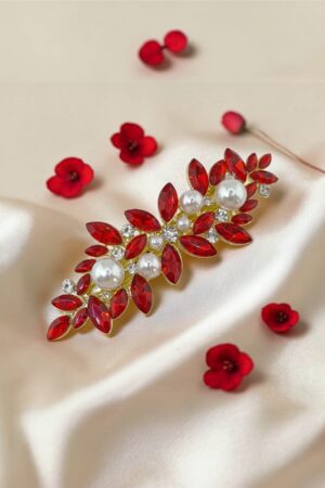Busserole Saç Aksesuarı – Kırmızı Kristal ve İnci Detaylı Yaprak Tasarım Saç Tokası