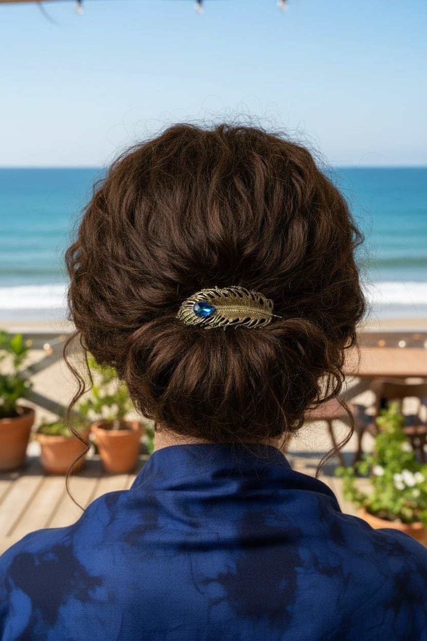 Magnolia Saç Aksesuarı – Büyük Kristal Taşlı, Altın Renk Tüy Saç Tokası - Görsel 3