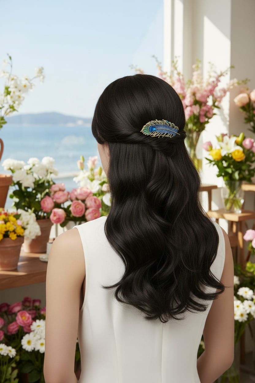 Bourrache Saç Aksesuarı – Mavi Kristal Taşlı Altın Renk Tüy Saç Tokası - Görsel 6