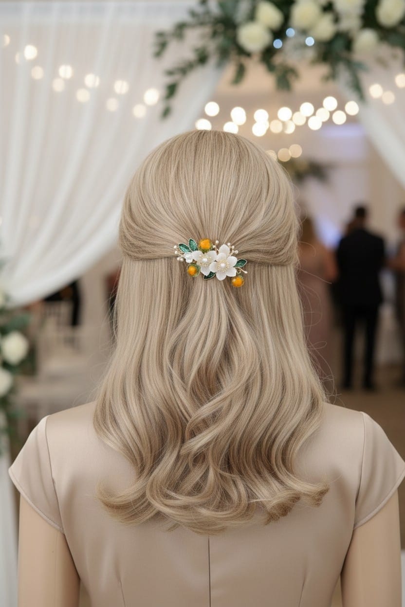 Geranium Saç Aksesuarı – Turuncu ve Beyaz Çiçek Detaylı İnci Süslemeli Saç Tokası - Görsel 3